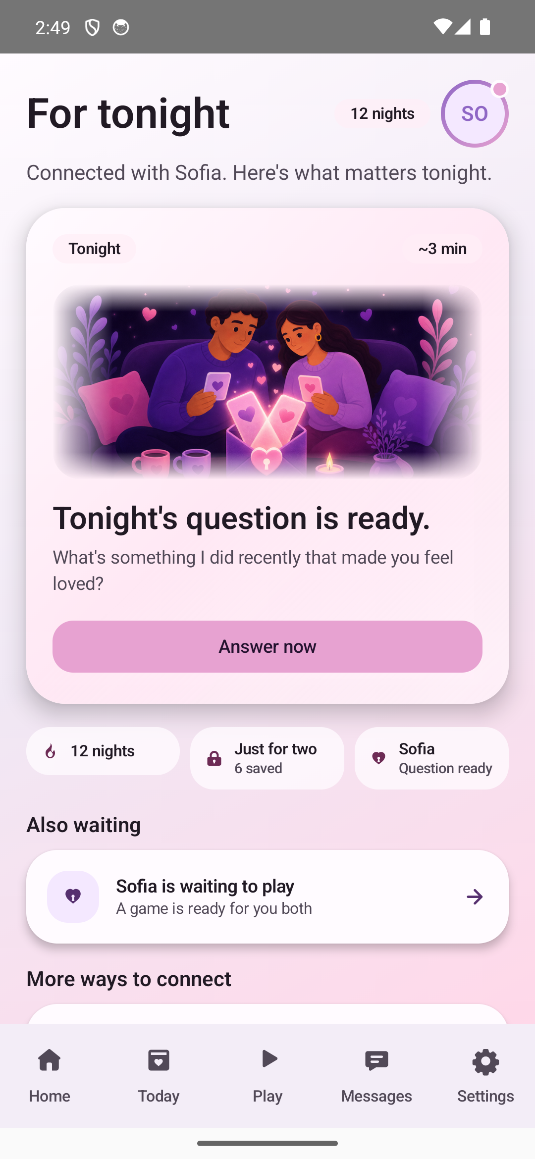 Home screen with the daily question ready to answer in light mode
