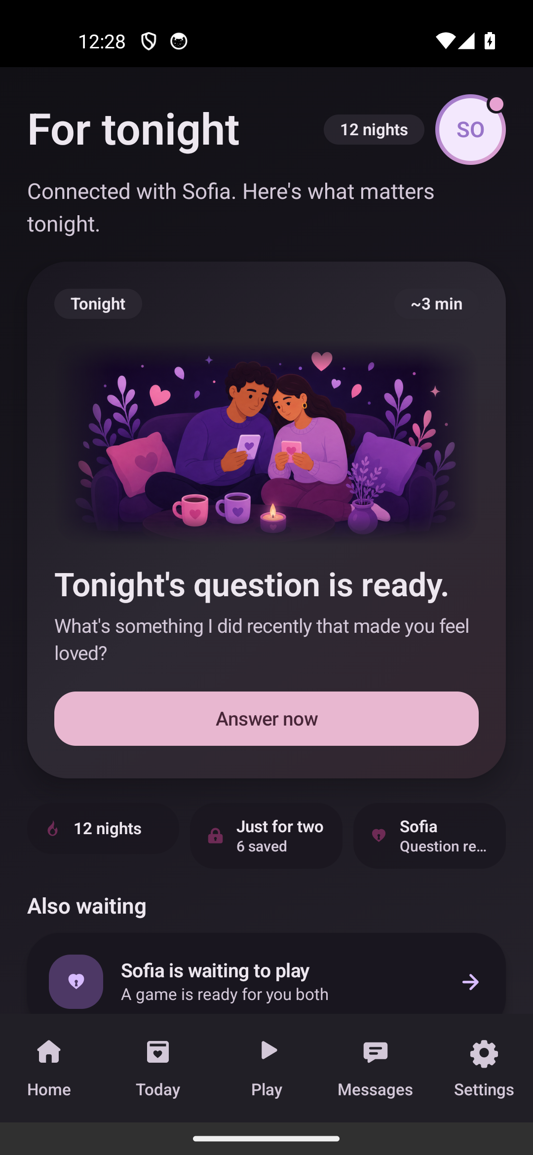 Home screen with the daily question ready to answer in dark mode