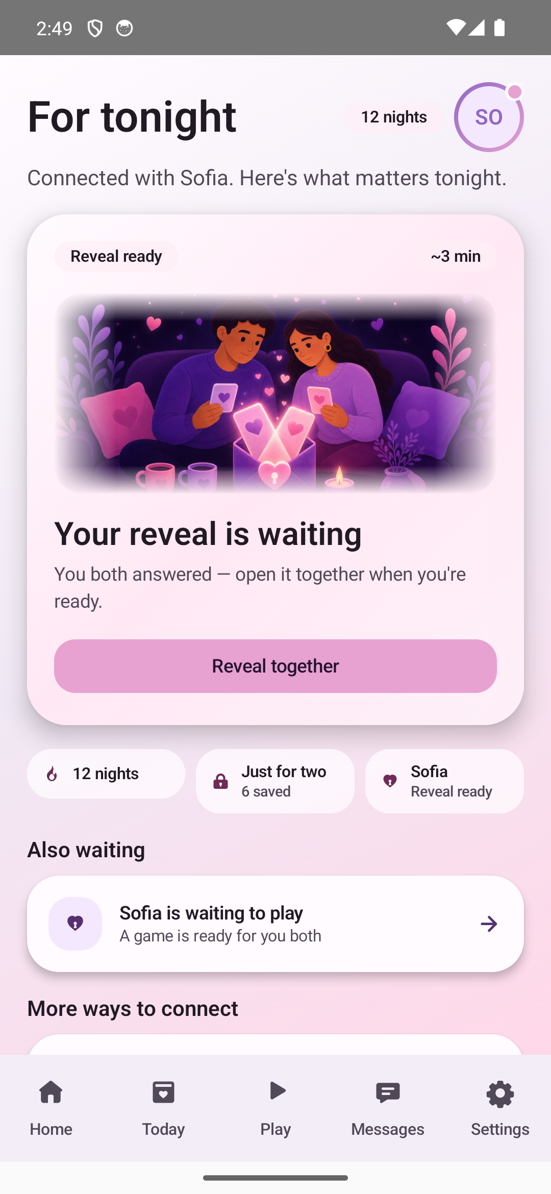Home screen with the daily question reveal ready in light mode