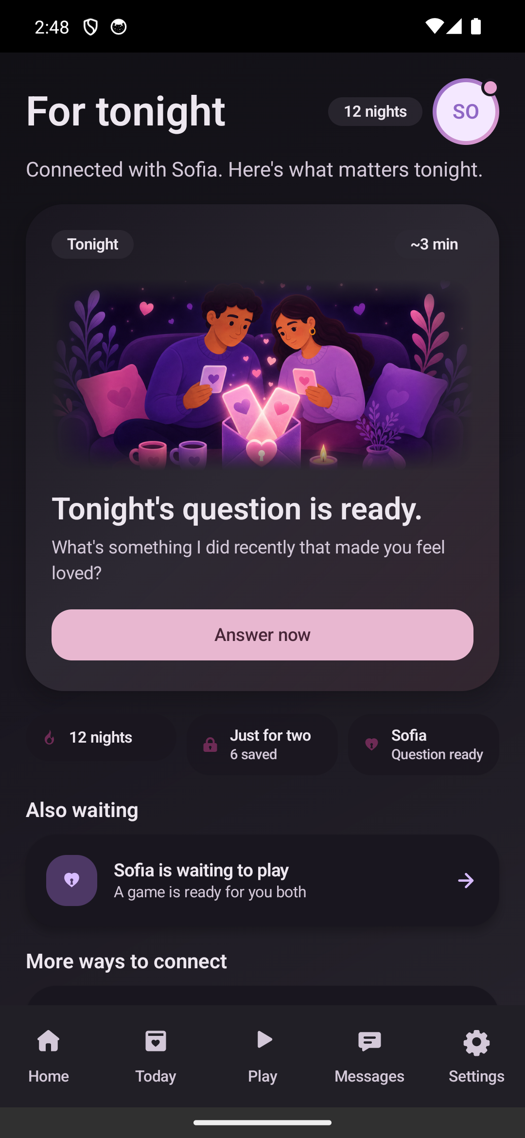 Home screen with the daily question ready to answer in dark mode