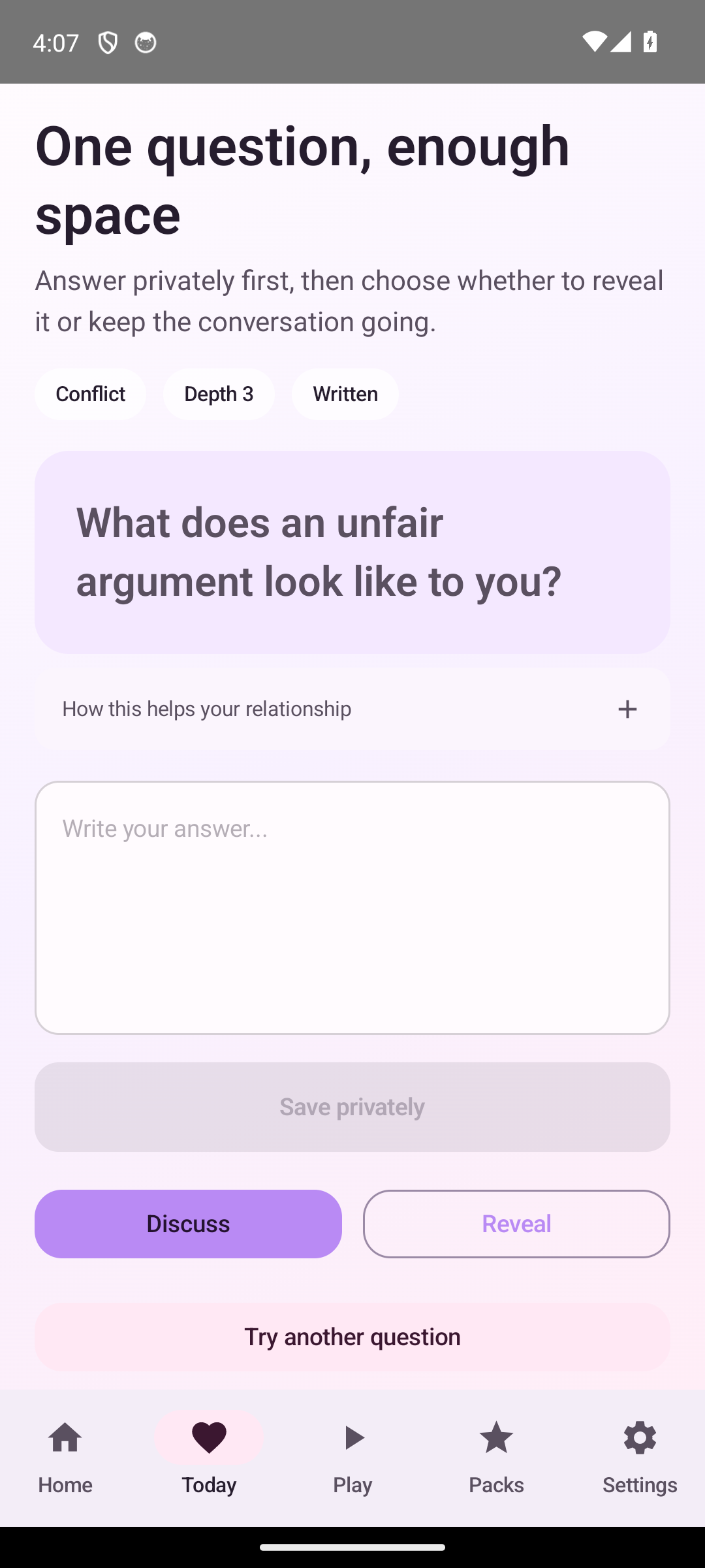 Closer daily question answer screen